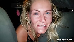 Frisky blonde with blue eyes, Claudia M sucks her boyfriend's cock in the back of a car