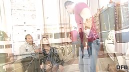 Hot woman is fucking a man with a stiff cock while her husband is licking her clit