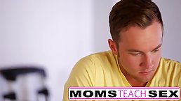 Hot woman is giving free blowjobs to her step- son during a threesome with his girlfriend