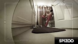 Busty blonde woman in erotic, red lingerie and stockings is fucking a guy in a POV style