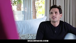 Blonde babe with braces is celebrating her graduation with a dick down her moist throat