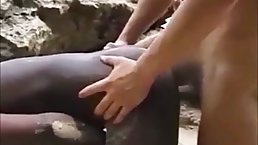 Black babe is getting her pussy licked and filled up with a big, white cock