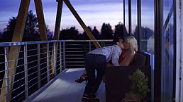 Slim blonde was wearing a red dress while she was sucking her lover's cock, before fucking him