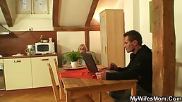 Mature blonde woman was too shy to ask for sex, but her neighbor did it anyway