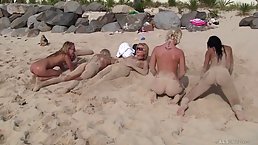 Naughty girls, Bibi Noel, Franziska Facella, Kacey Jordan, Blue Angel and Sara are nude on the beach