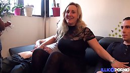Mature blonde woman, Clara is doing it with two younger guys at the same time