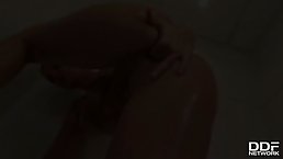 Amazing brunette with big tits is often masturbating in the shower and moaning while cumming