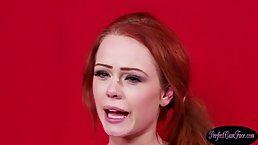 Ginger darling is wearing white stockings and garter belt while sucking cock in a POV style