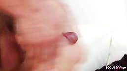Naughty teen brunette is giving a footjob to her step- brother and making his dick hard