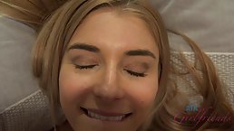 Horny blonde chick, Nikki Peach is moaning while cumming, instead of getting ready for work