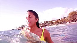 Latin brunette in a neon bikini, Sophia Leone likes to play with cock in the car