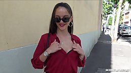 Naughty brunette with glasses, Marion is wearing black stockings while getting fucked on the couch