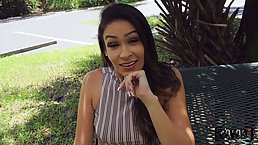 Amateur brunette, Katana Kombat got down on her knees to suck Tony's cock until he cums