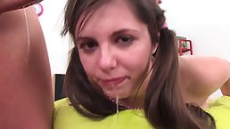 Pigtailed teen brunette, Monica Belucci knows how to please a guy with a deep blowjob