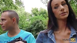 Cock loving brunette with small tits is pleasing a horny stranger while no one is watching them