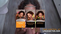 Frisky chick with curly hair is making an eye contact while giving a blowjob to her lover