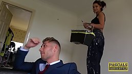 Cat Collar is sucking dick while getting fucked, because she wanted to try DP during a threesome