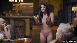 Busty woman is licking her step- daughter's pussy in front of kinky ladies who like to watch