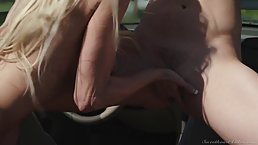 Incredible blonde milf, Brandi Love and Aidra Fox are making love in the car, during the day