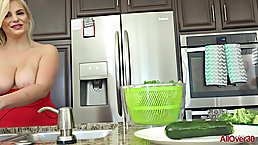 Katy Jayne is a busty blonde mature, who seems to like masturbating with vegetables, in the kitchen
