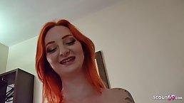 Red haired babe with big tits, Zara got fucked from the back, until she came