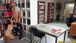 Delightful brunette is working in the library and using every opportunity to have rough sex