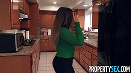 Charming brunette with big tits is sucking cock in a POV style before getting fucked, from behind