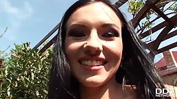Gorgeous brunette is having a threesome and getting her ass and pussy fucked at the same time
