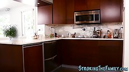 Sweet, blonde teen is squeezing her tits while her step- brother is eating her wet pussy