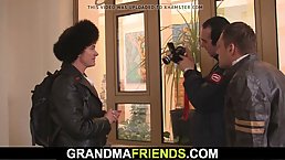 Short haired mature invited two guys to her bedroom and had sex with both of them