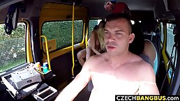 Insatiable blonde is sucking many cocks in the back of a bus and then getting fucked hard