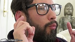 Smoking hot brunette has a kink on nerdy guys with glasses and likes to fuck them