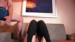 Horny blonde in black stockings is spreading up wide open and getting stuffed with a stiff cock