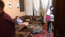 Slutty schoolgirl with pigtails is about to do it with two guys, at the same time