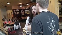 Adorable, amateur brunette is giving a blowjob to a guy she has just met in the club