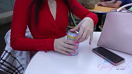 Passionate brunette with red lips is masturbating in the car while her friend is driving