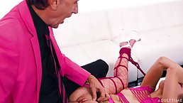 Frisky chick is about to have wild sex with an elderly man, until she cums