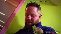 Horny, bearded guy lets a short haired slut ride his stiff dick, free of any charge