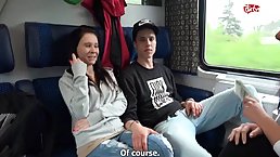 Kinky girls and guys are having a foursome in the train and enjoying it a lot