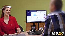 Red haired lady, Isabella Lui is showing her tits and rubbing dick to get the loan