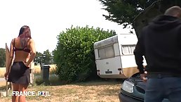Dirty minded brunette asked two guys from the neighborhood to stop by and fuck her brains out