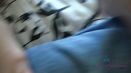 Frisky blonde teen with tiny tits is playing with a rock hard dick, all day long