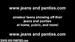 Dirty minded girls in jeans are slowly getting naked and teasing, in front of the camera