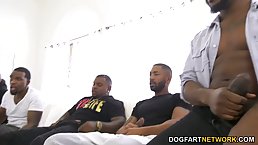 Delicious babe is sucking five black dicks one after the other, while getting fucked, too