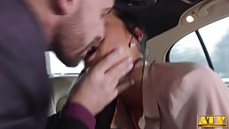 Ravishing brunette in erotic, black stockings, Anna Rose got hammered in the back of a limo