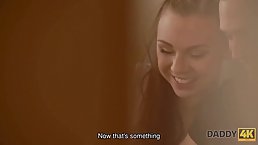Delicious brunette with natural tits is fucking an elderly man while his wife is out of town