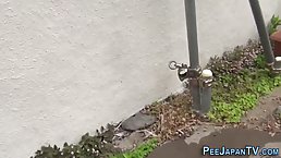 Asia brunette was caught on tape while peeing in a public place, during the day