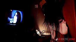 Tattooed brunette is sucking dick while getting fucked from behind, because it feels good