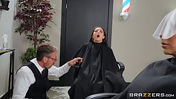 Kinky barber is licking and fucking pussy while at work, even though his clients might see him