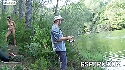 Brunette with big boobs is having sex with a horny fisherman, in the middle of the day